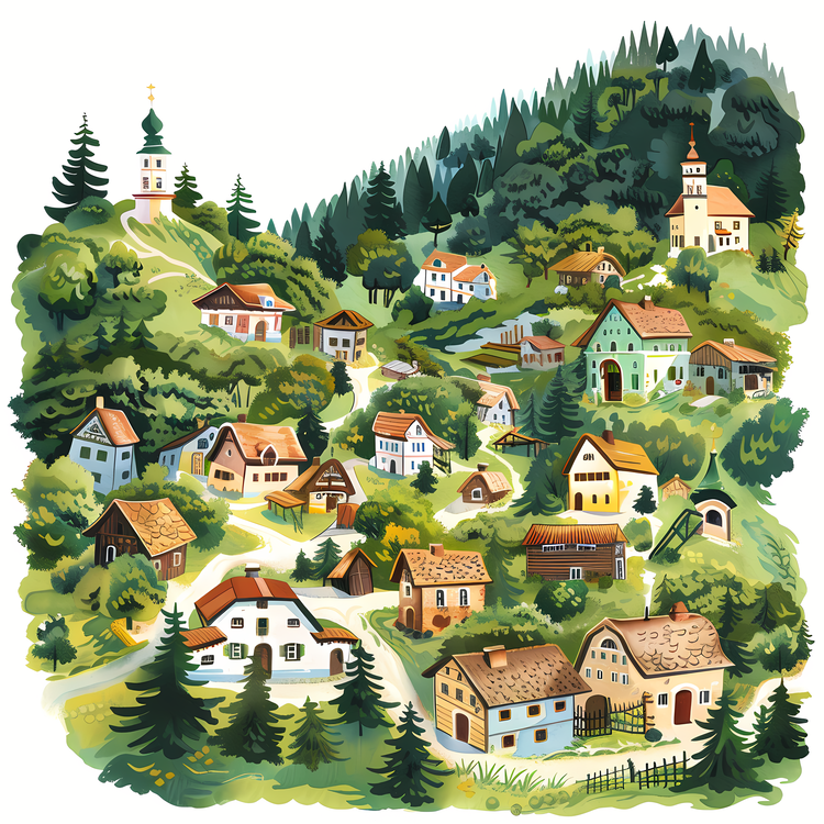 Mountain Village,Drawing,Village