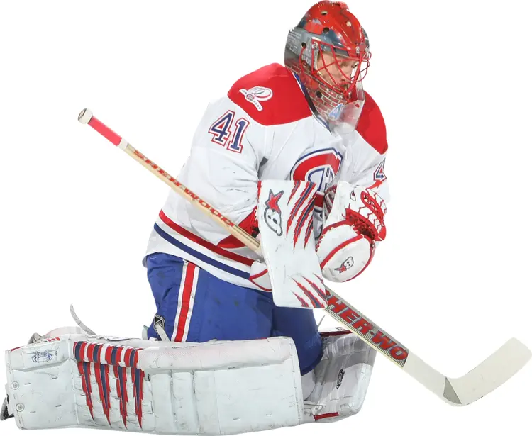 Goalie in Red and White Gear