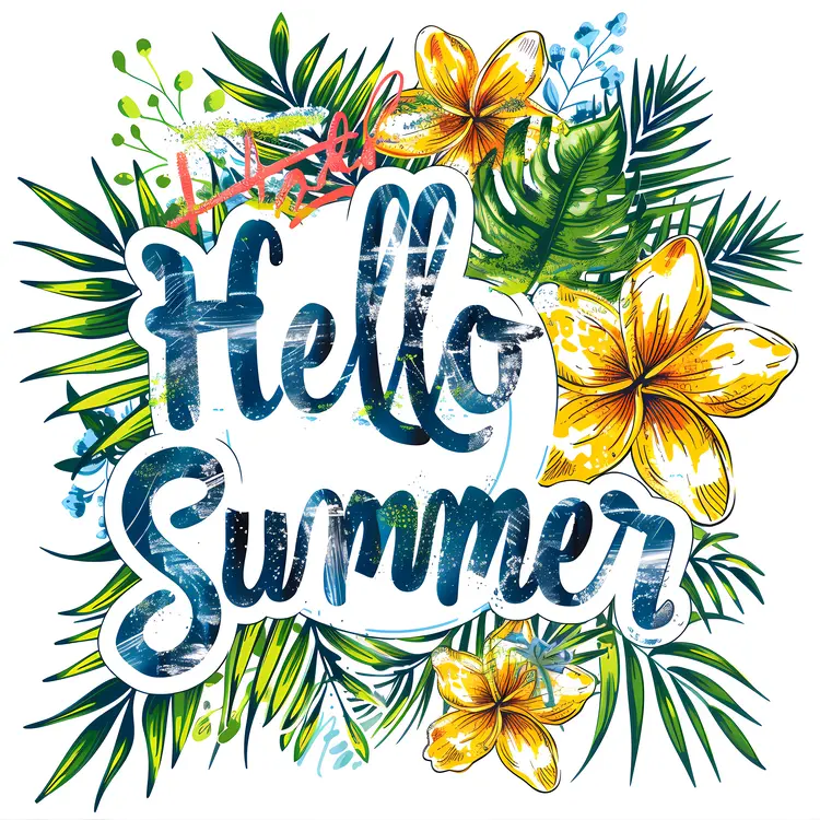 Hello Summer Poster with Tropical Flowers
