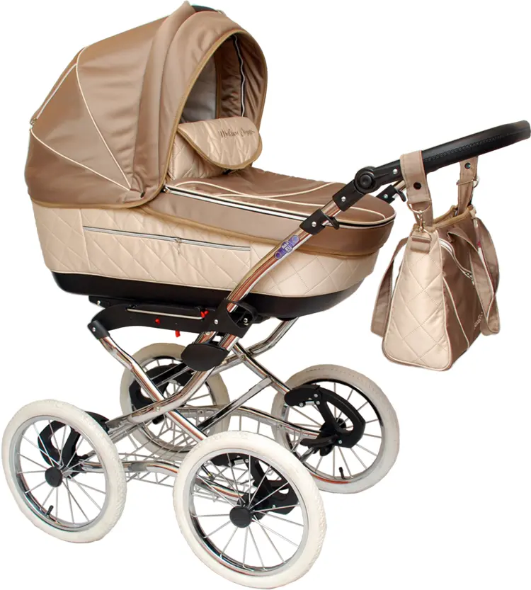 Beige Baby Stroller with Canopy and Bag