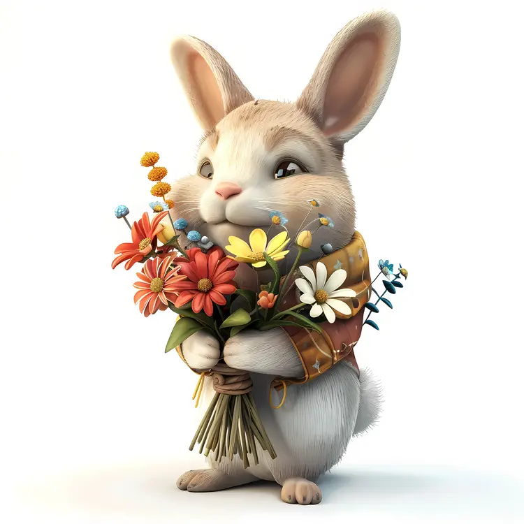 Cute Rabbit Holding a Bouquet of Flowers