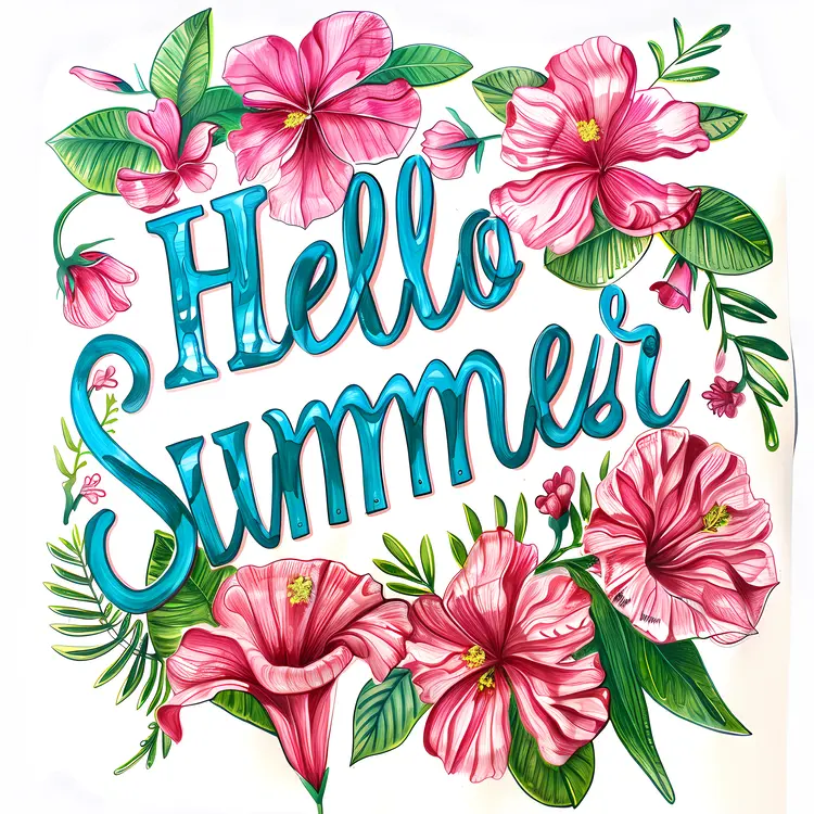 Hello Summer Poster with Pink Flowers