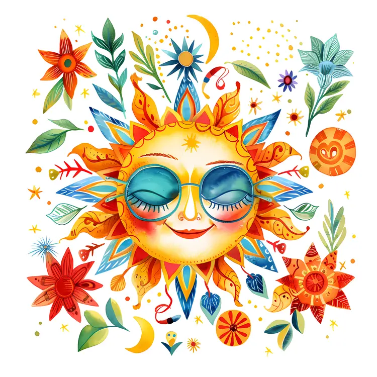Colorful Sun with Sunglasses and Flowers