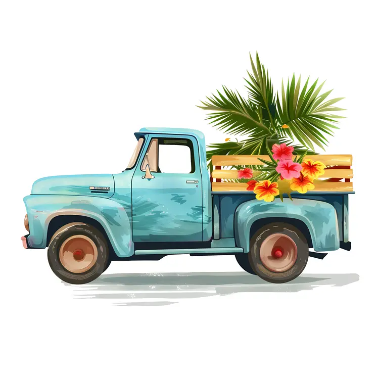 Vintage Blue Truck with Palm Leaves and Flowers