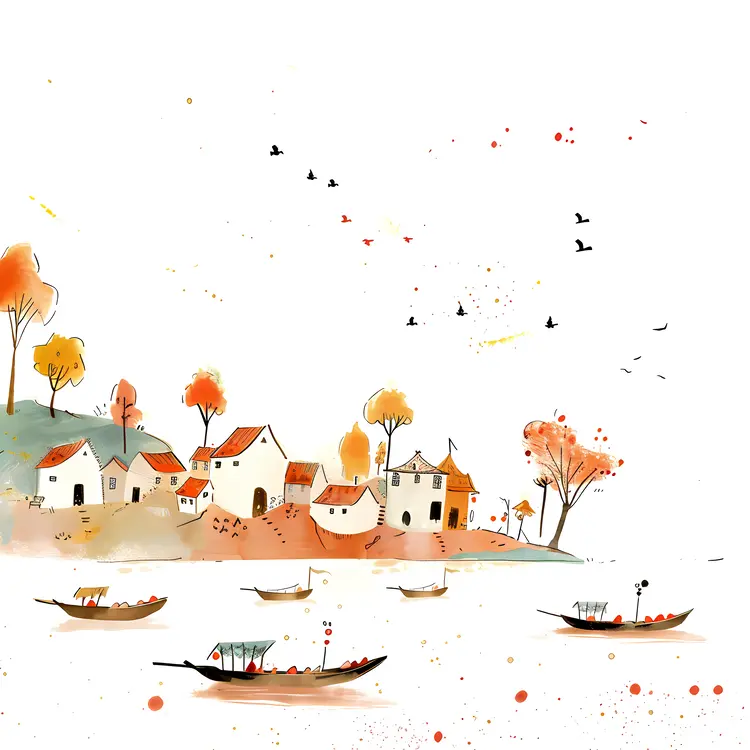 Watercolor Village with Boats