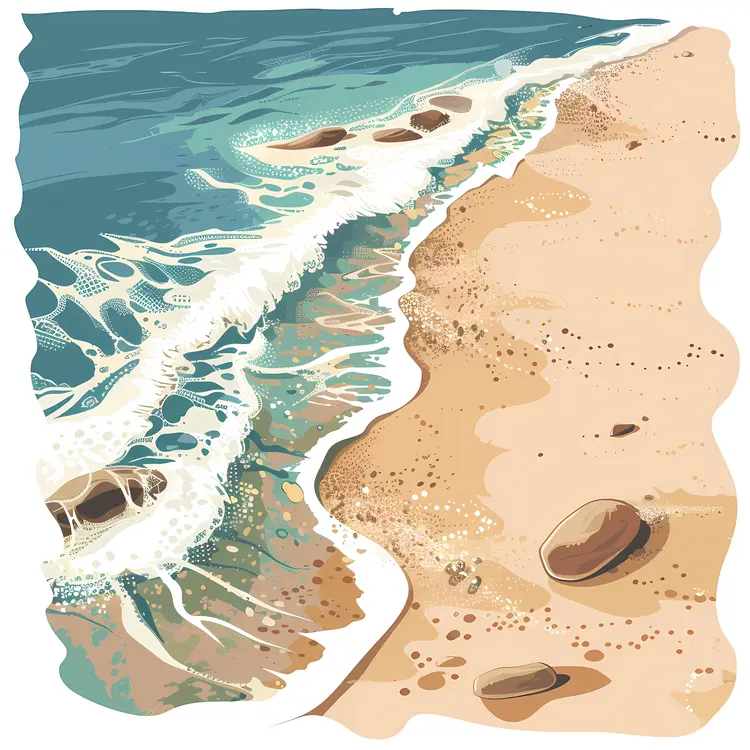 Sandy Beach with Ocean Waves and Rocks