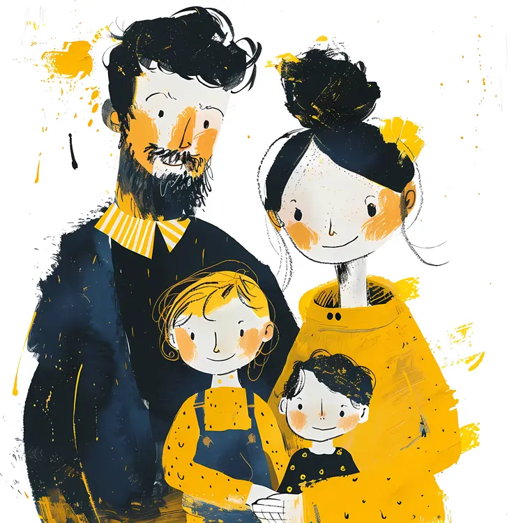 Stylized Family Portrait with Yellow and Blue Colors