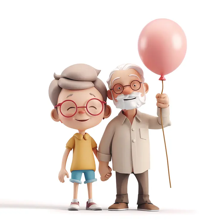 Cartoon Grandfather and Grandson with Balloon