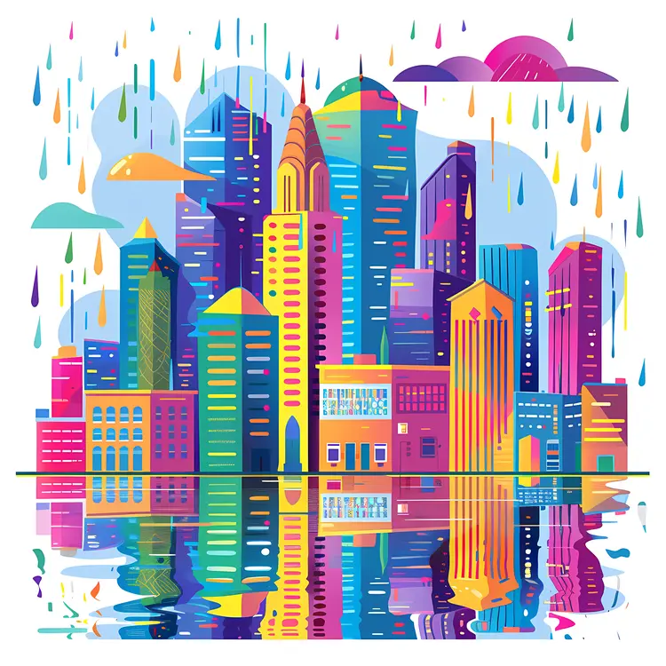 Colorful Cityscape with Reflection in the Rain