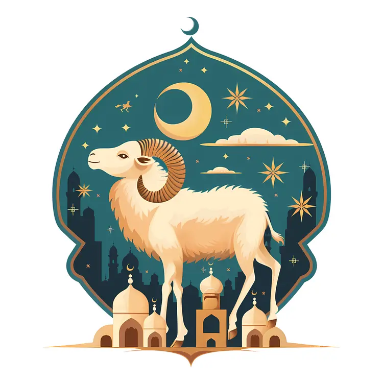 Ram with Crescent Moon and Stars Illustration