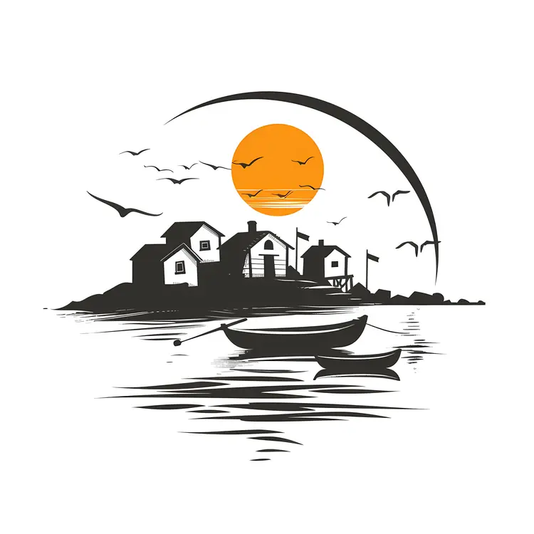 Seaside Sunset with Boats and Houses