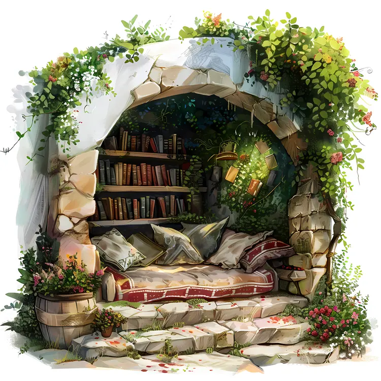 Stone Reading Spot with Books and Pillows