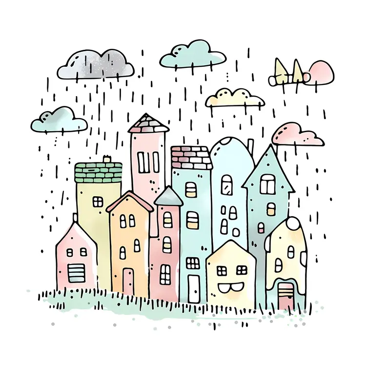 Small Cute Doodle Houses in the Rain
