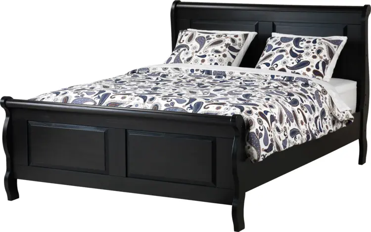 Black Bed with Patterned Bedding