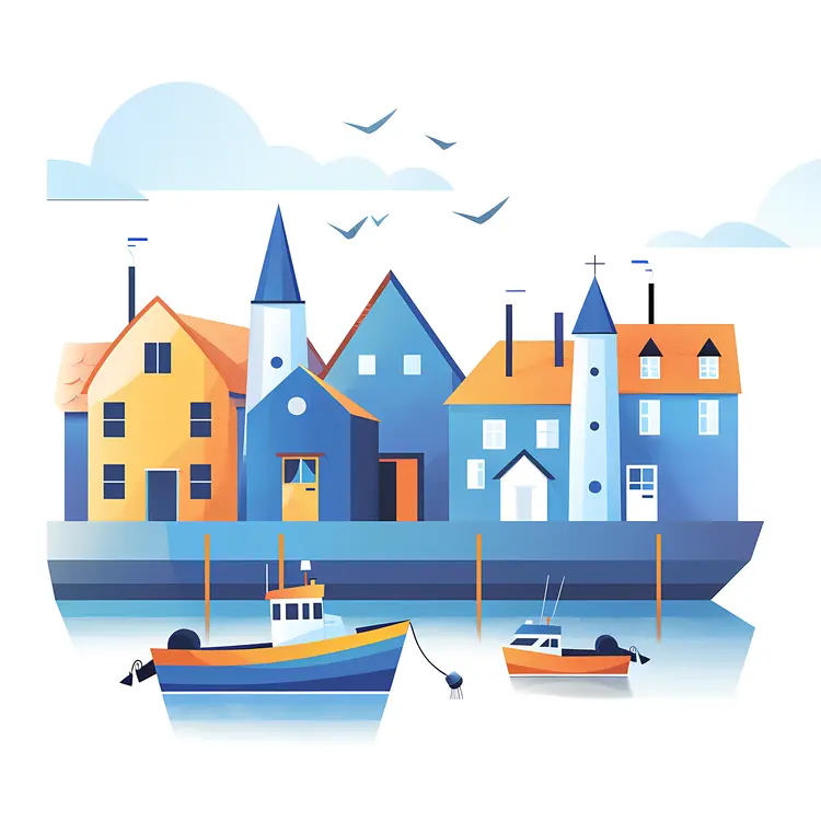 Blue Harbor Scene with Boats