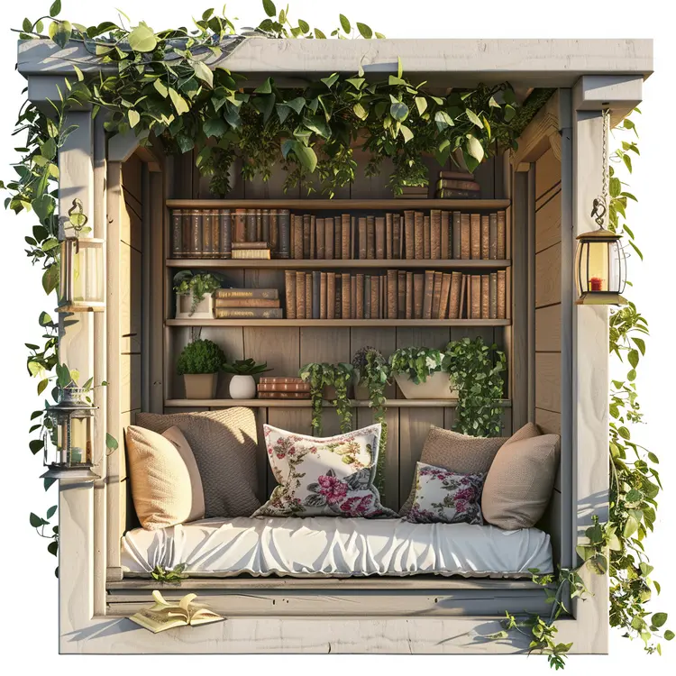 Cozy Reading Nook with Books and Cushions