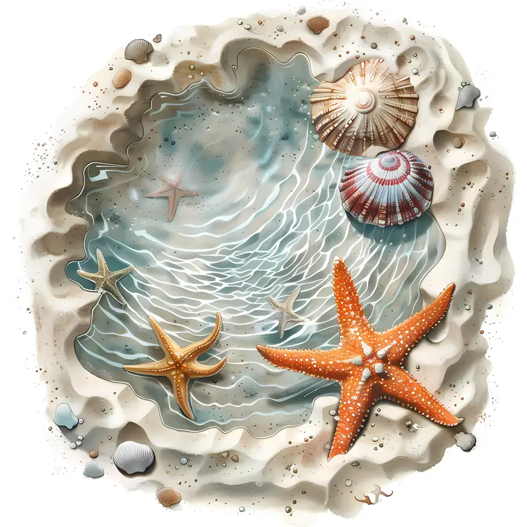 Starfish and Shells on Sandy Beach