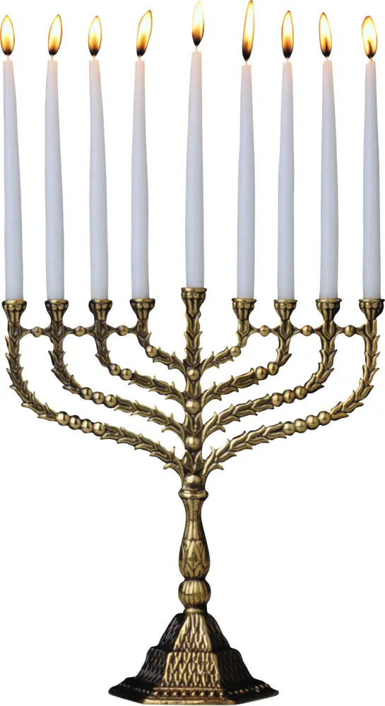 Traditional Brass Menorah with Lit Candles