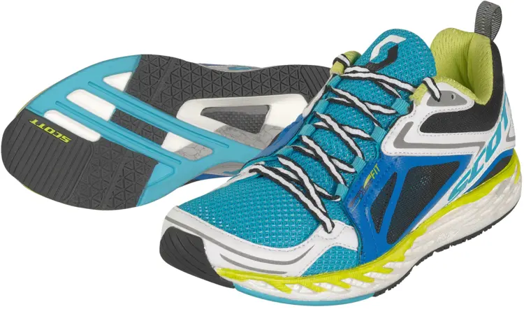 Blue and White Running Shoe with Yellow Accents