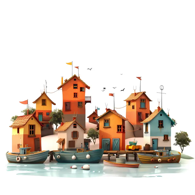 Colorful Doodle Houses by the Water