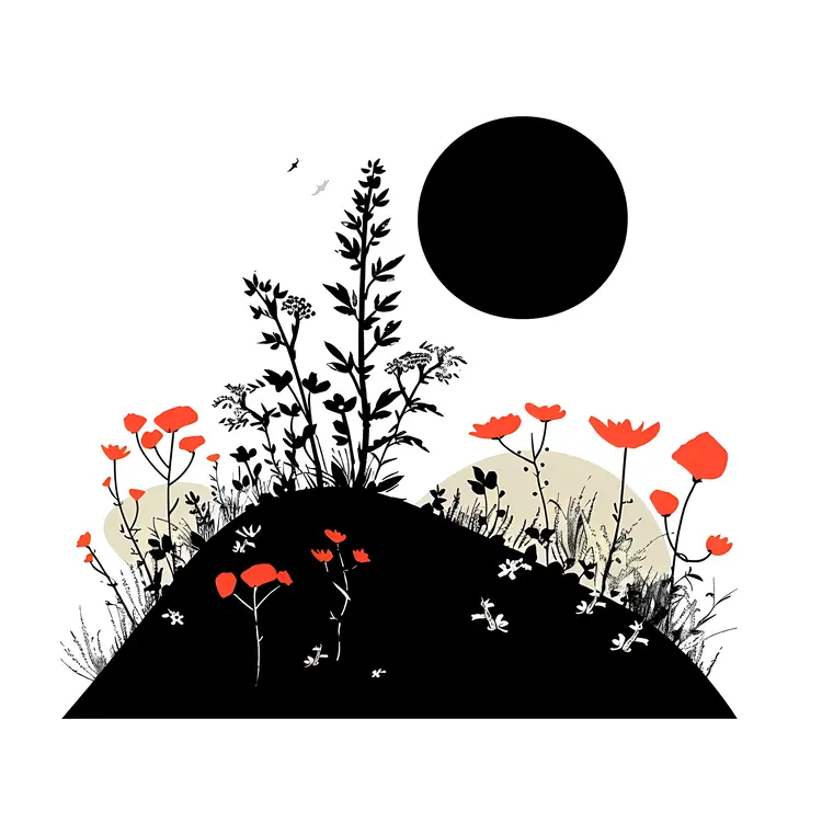 Black Sun and Flowers Silhouette