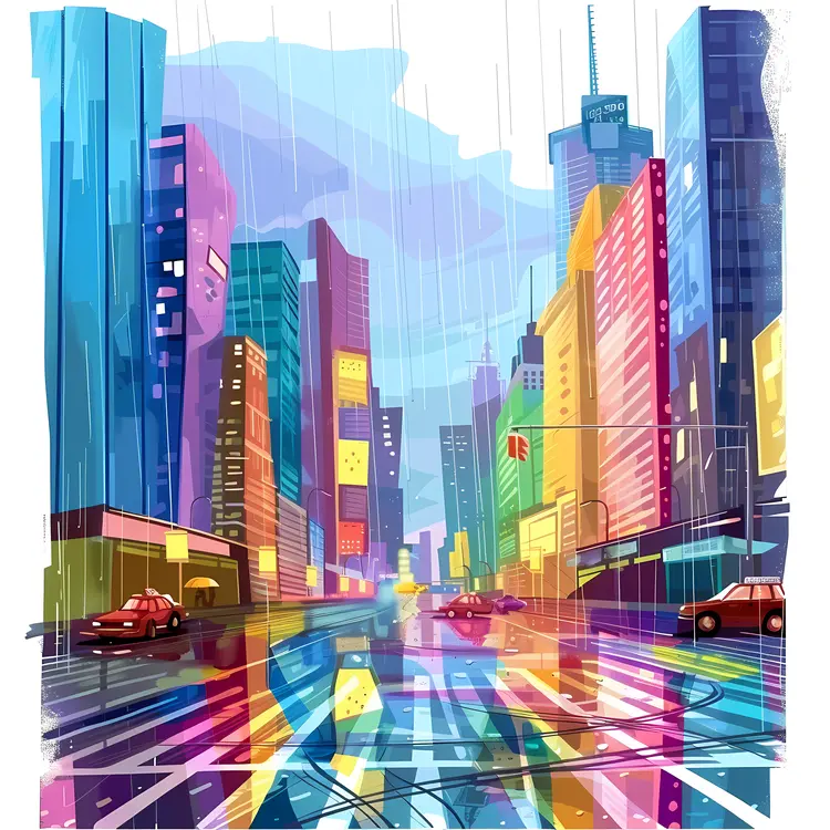 Colorful City Street in the Rain