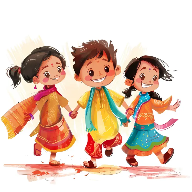 Three Children in Traditional Clothing