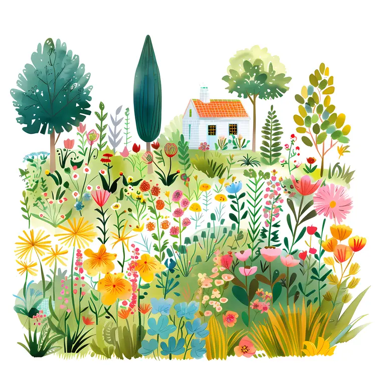 Colorful Flowers and House in Garden