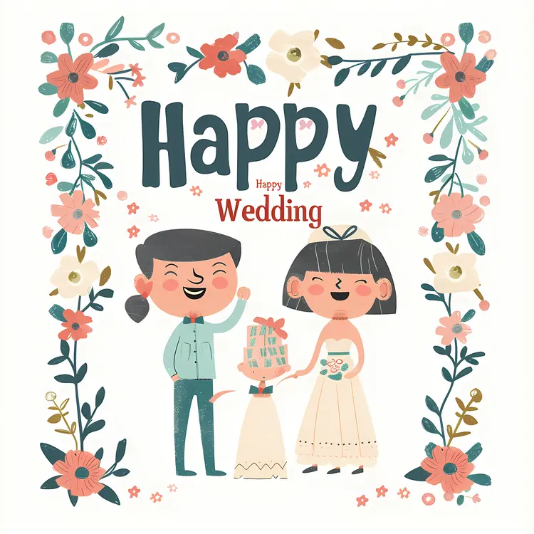 Happy Wedding Illustration with Floral Frame