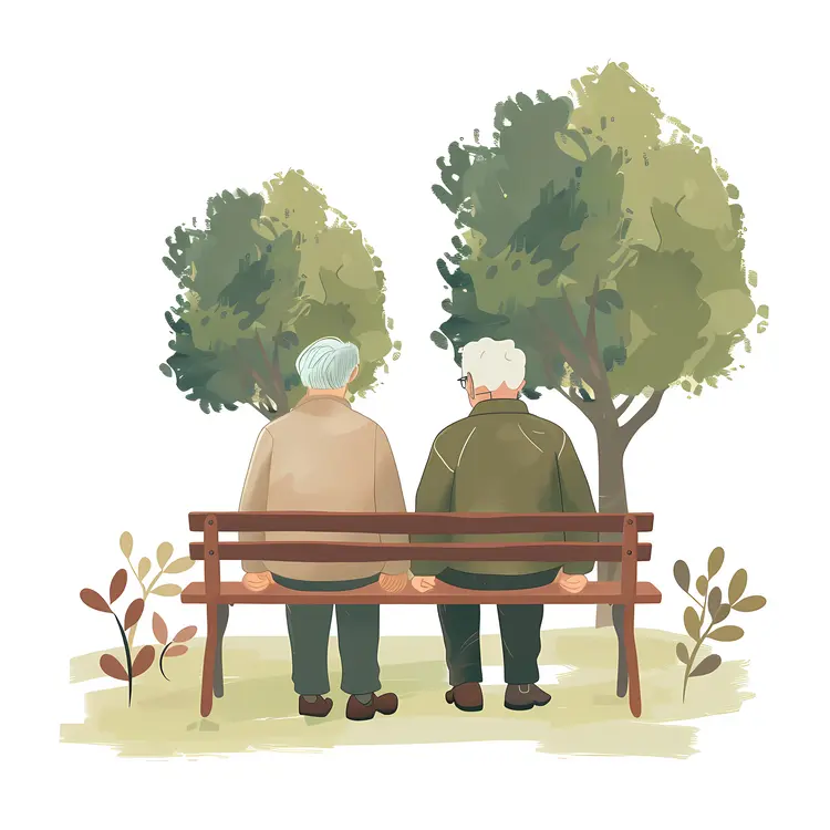 Elderly Couple Sitting on Bench in Park