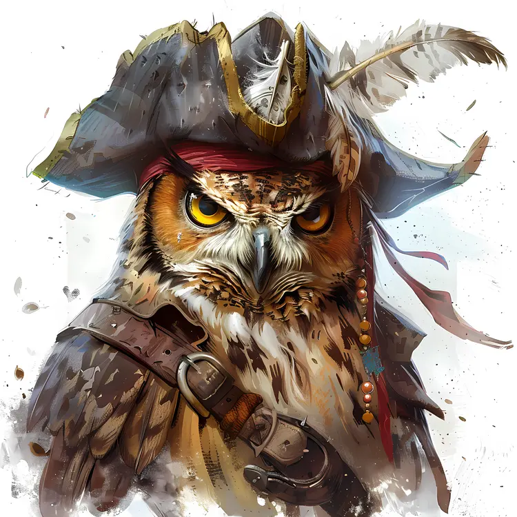Owl with Pirate Hat and Feathers