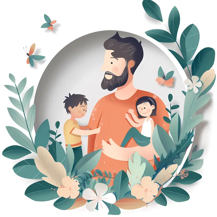 Father with Two Children in Nature Illustration