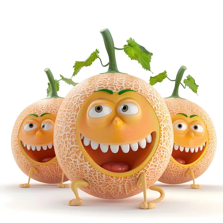 Three Smiling Melons Cartoon with Leaves