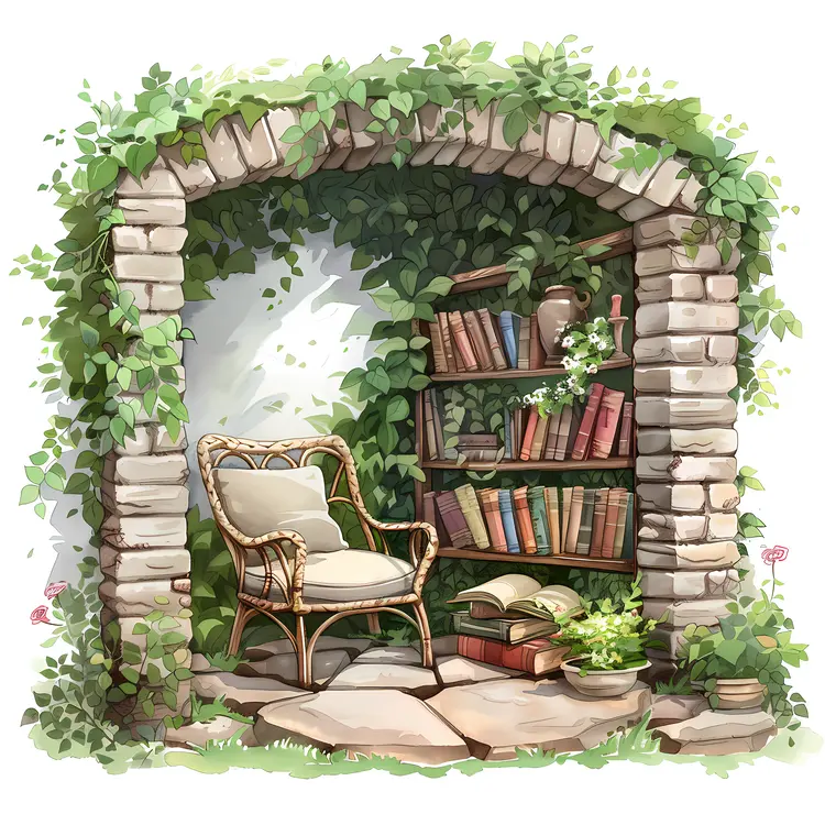 Stone Reading Nook with Chair and Books