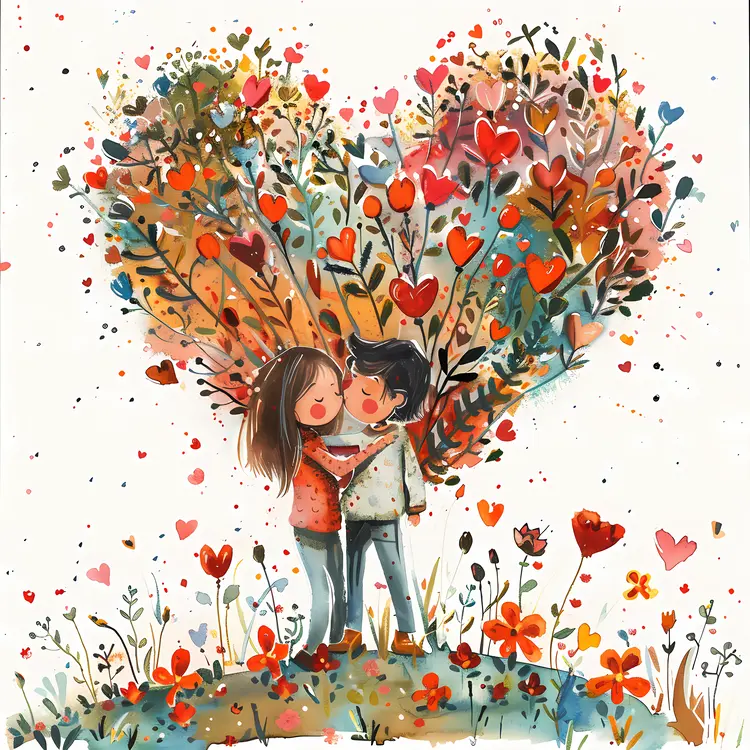 Romantic Couple with Heart Tree Illustration