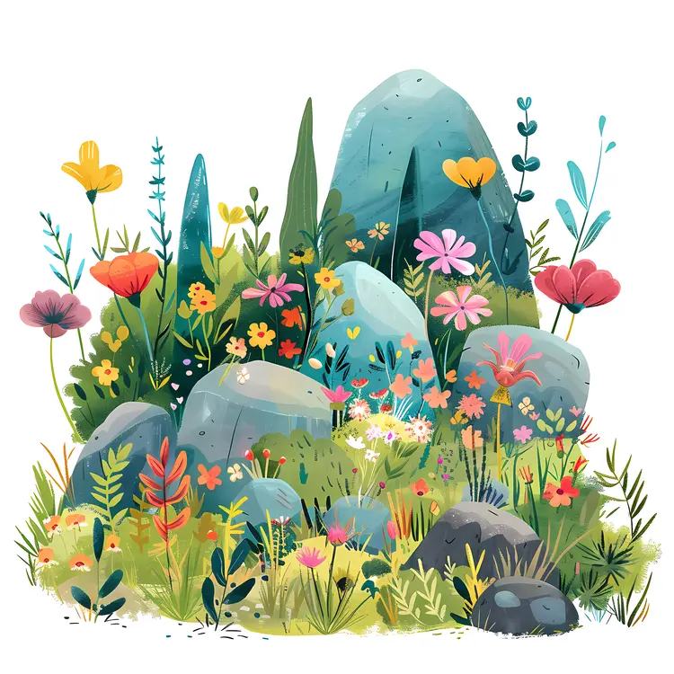 Colorful Flowers and Rocks in Nature