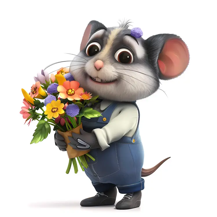 Cute Mouse Holding a Bouquet of Flowers