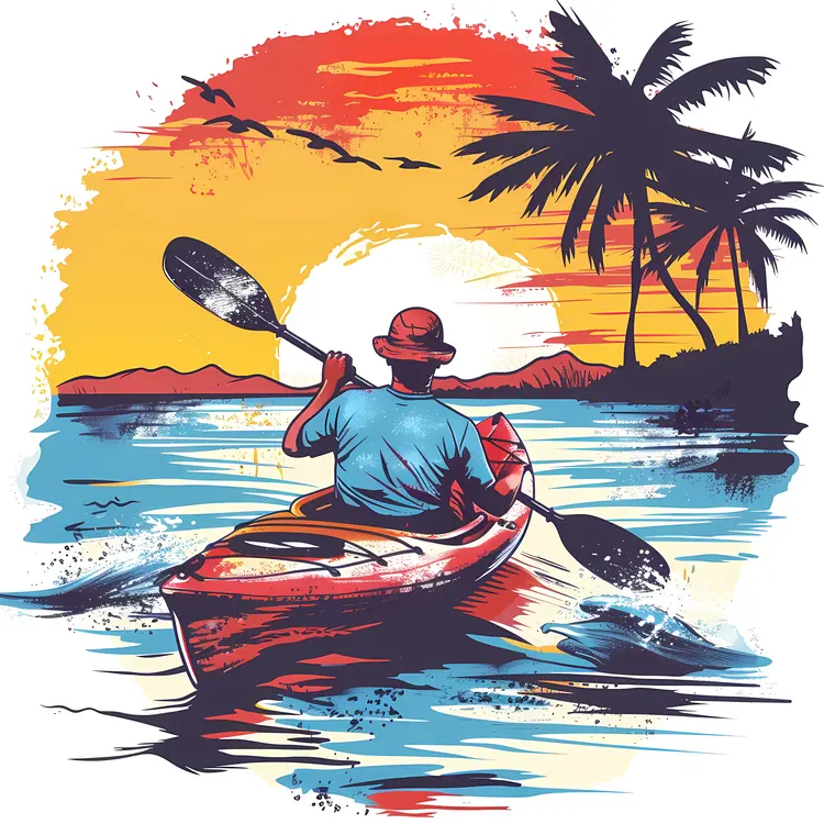 Kayaker at Sunset with Palm Trees