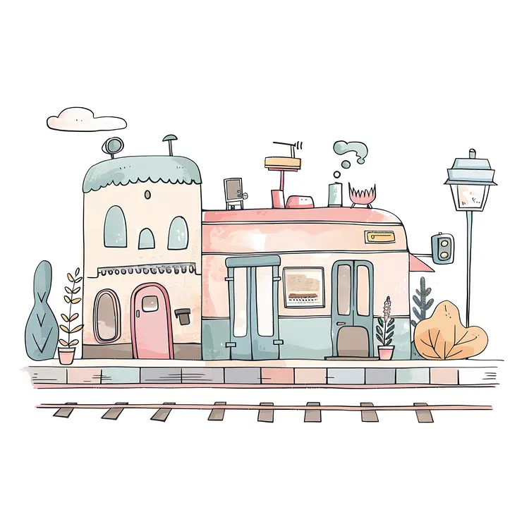 Cute Doodle Train Station with Plants