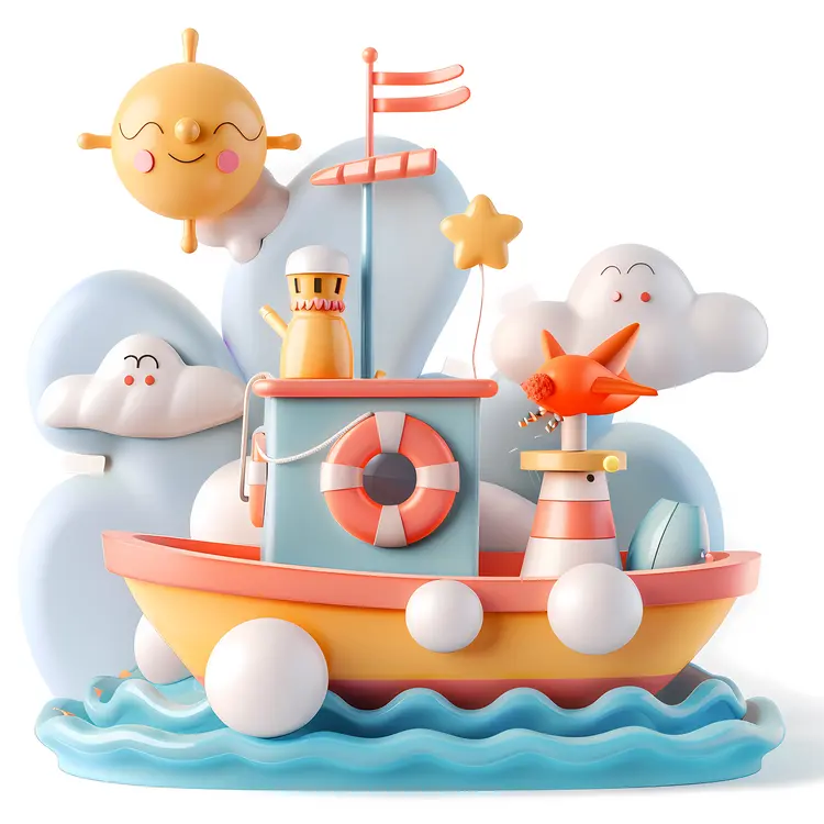 Colorful Toy Boat with Clouds and Sun