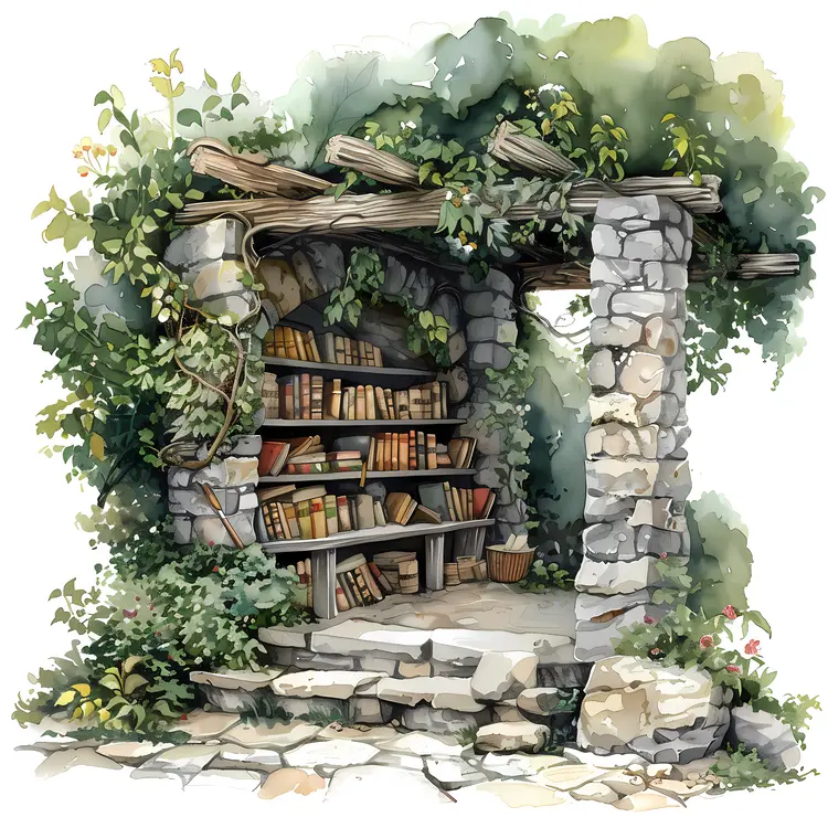 Rustic Stone Library with Books