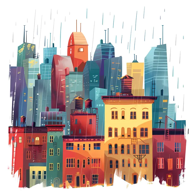 Colorful Cityscape in the Rain