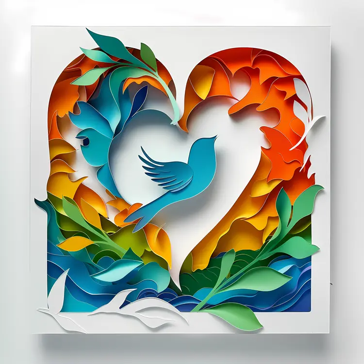 Heart with Bird and Colorful Leaves