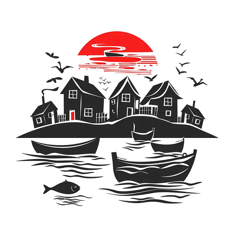 Seaside Sunset with Boats and Houses
