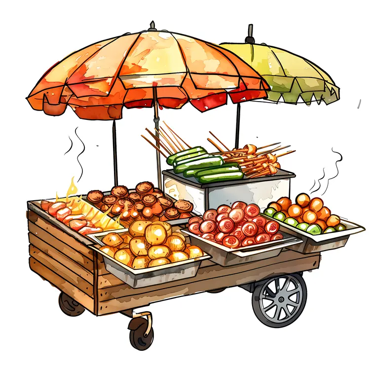 Street Food Cart with Colorful Umbrellas
