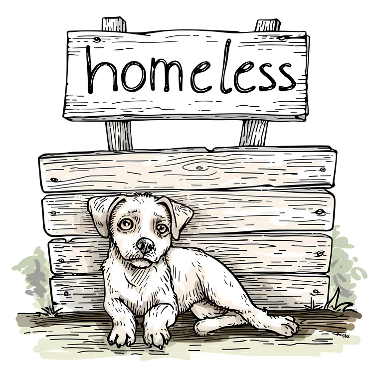 Homeless Dog by Wooden Sign