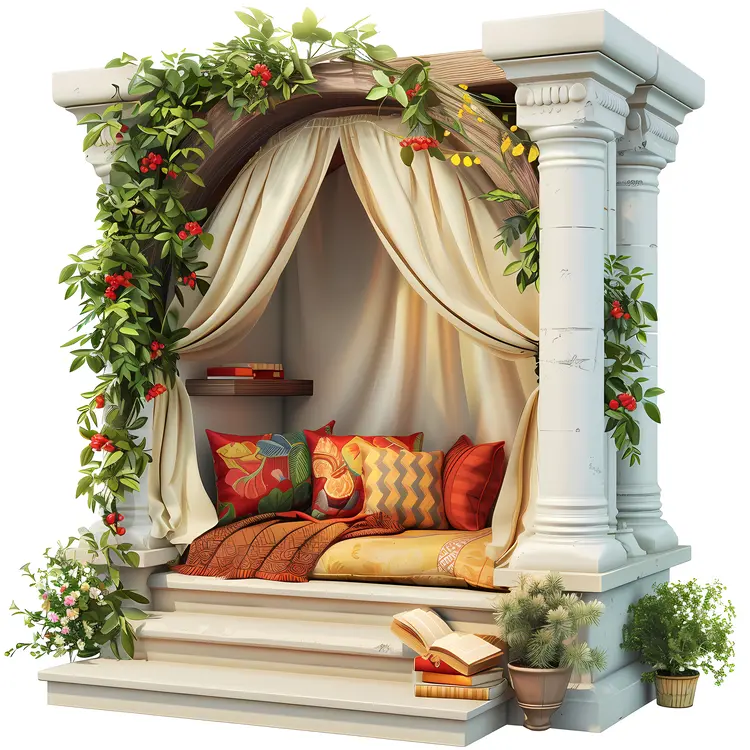 Cozy Reading Nook with Pillows and Curtains
