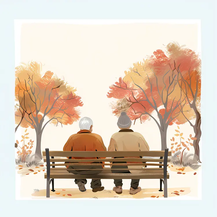 Elderly People Sitting on Park Bench in Autumn