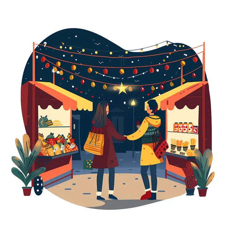 Night Market Stalls with People