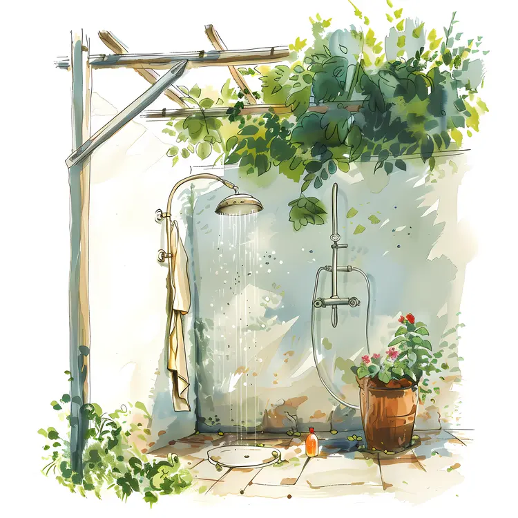 Refreshing Outdoor Shower in a Lush Garden